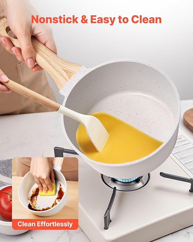 VEVOR 1.5 QT Saucepan, Nonstick Saucepan with Tempered Glass Lid, Multipurpose Cooking Sauce Pot with Detachable Handle, Sauce Pan Small Kitchen Cooking Pot with Coating, Induction Compatible, White
