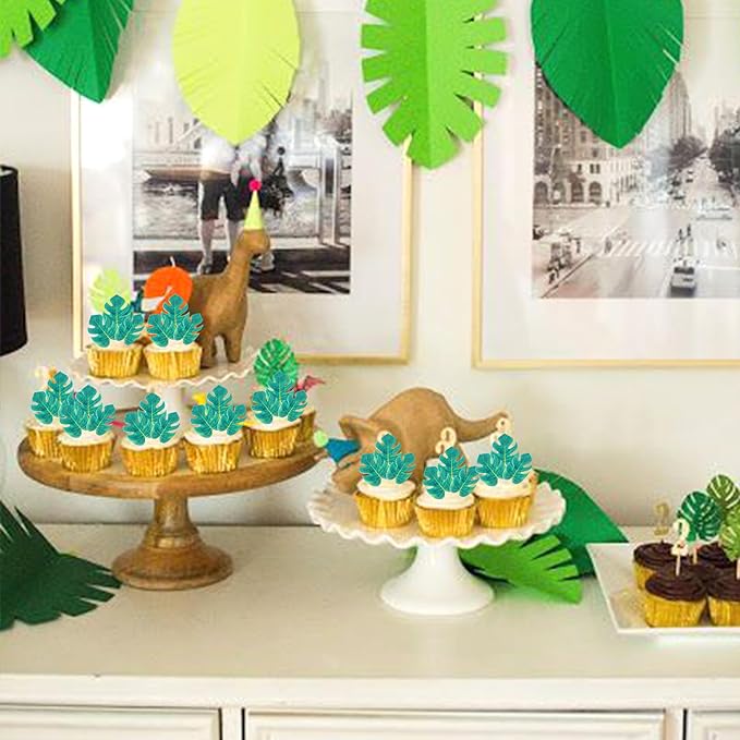 Rsstarxi 48 Pack Edible Tropical Turtle Leaves Cupcake Toppers Palm Leaf Cupcake Picks Edible Wafer Paper Leaf Cake Decorations for Jungle Summer Theme Baby Shower Wedding Birthday Party Supplies