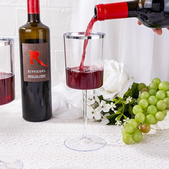 Ciaell 12 Pack Plastic Wine Glasses - 10 Oz Plastic Wine Glasses with Stem - Square Silver Disposable Stemmed Glass for Parties & Weddings & Outdoors