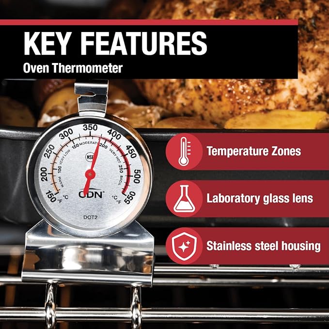 "CDN Oven Thermometer ProAccurate®, Easy-to-Read 2"" Dial, Stainless Steel Housing, Temperature Zones, Stand or Hang, Monitor Oven Temperatures, NSF Certified - DOT2 "