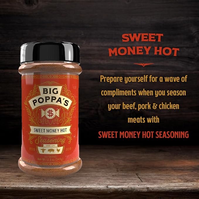 Big Poppa's Sweet Money Hot Seasoning — Irresistible Sweet & Spicy Blend with Jalapeno Powder — Gluten-Free Spice Mix — Dry Rubs for Smoking and Grilling with Honey BBQ (12.3 Oz)