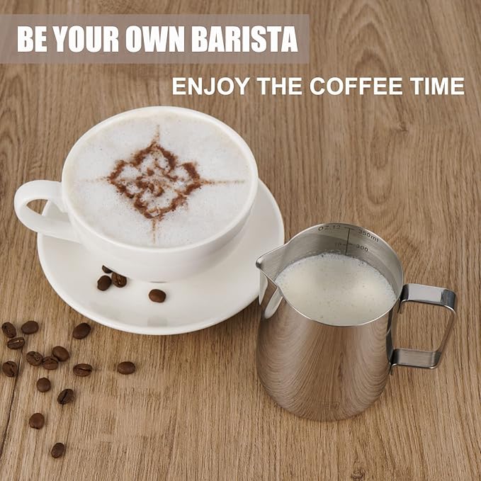 Milk Frothing Pitcher, Thicker Version 12oz Espresso Steaming Pitchers Stainless Steel Cappuccino Coffee Machine Accessories Barista Tools Steamer Pitchers Milk Jug Cup with Decorating Pen Latte Art