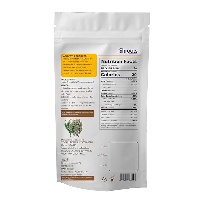 SHROOTS Dehydrated Green Chilli Flakes Pure Vegetarian Gluten-Free No Added Salt Easy Cooking Machine Essential Dried Vegetable with Natural Aroma Perfect for Seasoning & Spice Mix 1.23 oz, Pack of 1