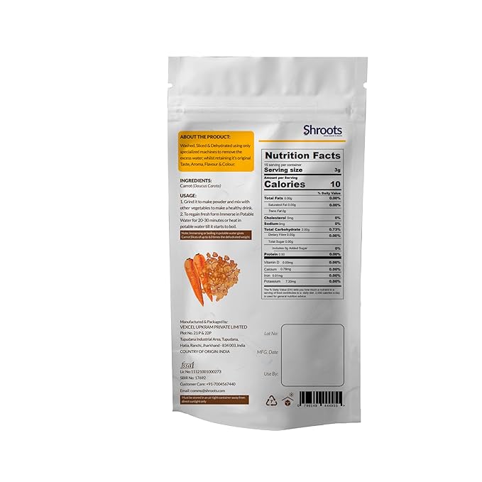 SHROOTS Dehydrated Carrot Flakes Pure Vegetarian Gluten-Free No Added Salt Easy Cooking Essential Machine Dried Vegetables with Natural Aroma Ideal for Camping or Everyday Meals 1.59 oz, Pack of 1