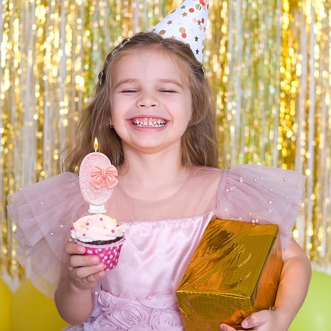 Birthday Cake Candles, Pink Glitter with Bow Cake Candles, Birthday Party Cake Toppers, Cute Birthday Candle Decorations (0)