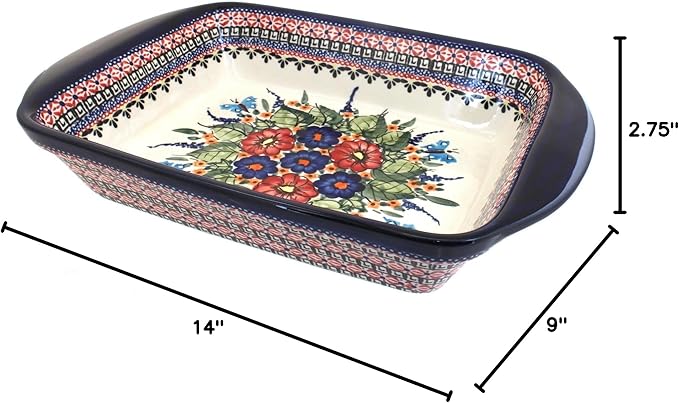 Blue Rose Polish Pottery - Blue Floral Butterfly Large Rectangular Baker with Handles - 9" x 6.5" - Unique, Dishwasher Safe, & Durable Bakeware