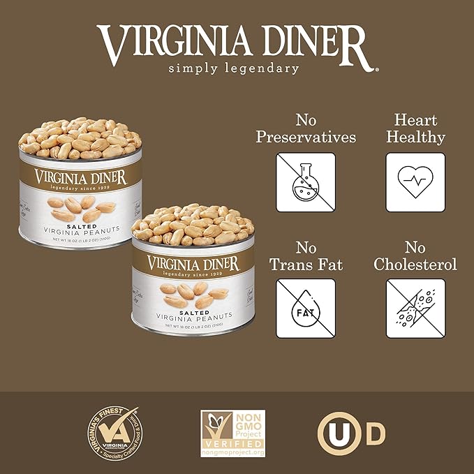 Virginia Diner Gourmet Blister Roasted All Natural XL Virginia Peanuts with Unique Crunch Heart Healthy Snack or Gift 18oz (2 Pack) Salted