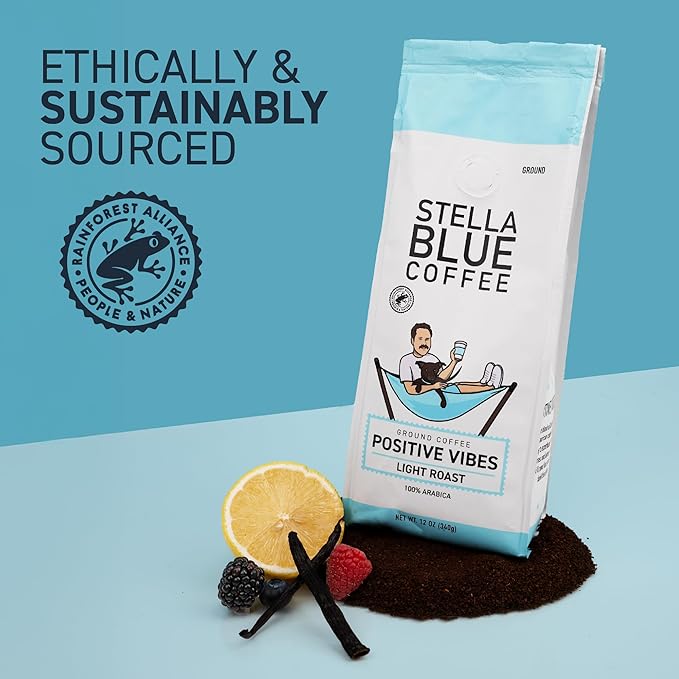 Stella Blue Ground Coffee, Positive Vibes Blend, Light Roast, Vanilla and Fruity Notes, 100% Arabica, Ethically Sourced from Central and South America, 12 oz bag