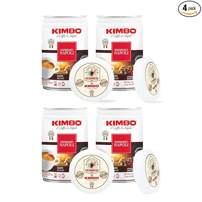 Kimbo Espresso Napoli Ground Coffee | Dark Roast | 10/13 Intensity | Intense Aroma & Long Lasting Flavor | 8.8 oz Cans - Pack of 4