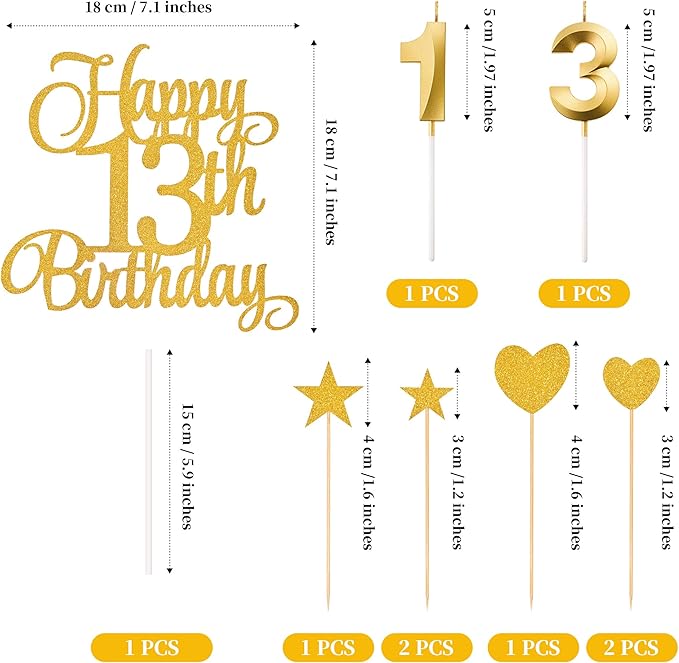 13th Birthday Cake Decorations, 13th Birthday Candles Cake Numeral Candles and Glitter Happy 13th Birthday Cake Toppers Set for Birthday Party Supplies (Gold)