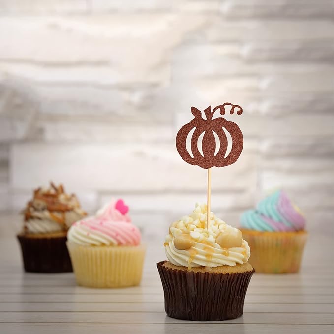 24pcs Pumpkin Cupcake Toppers - Brown Glitter Picks for Fall Theme Thanksgiving Halloween Birthday Baby Shower Party Decoration Supply