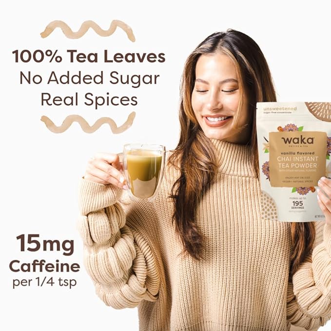 Waka Vanilla Chai Tea Mix - 100% Tea Leaves from India, Natural Spices, Unsweetened Tea Powder - No Sugar, No Additives, Up to 195 Cups (4.5oz Pouch, 195 Servings)