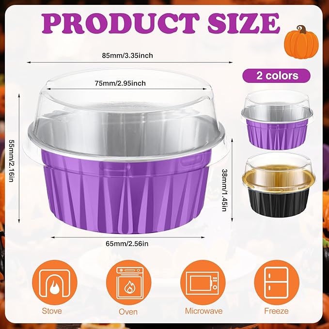 Gejoy 400 Pcs Aluminum Foil Baking Cups with Lids 5 oz Disposable Ramekins Mini Cake Pans Creme Brulee Cupcake Liners Muffin Tins Flan Mold Dessert Container for Wedding(Purple,Black,Classic)