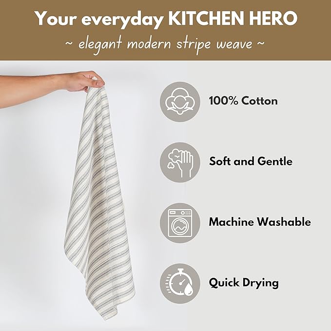 Native Fab 4 Pack Farmhouse Modern Stripe Kitchen Dish Towels Cotton Super Absorbent Quick Drying Reusable 18x26 Inches - Bar Hand Towels, Kitchen Cleaning Towels with Hanging Loop, Grey