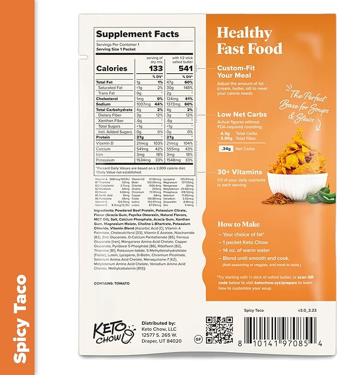 Keto Chow Spicy Taco | Keto Soup Base Powder | Nutritionally Complete | Low Carb | Protein Rich | You Choose The Fat | Single Meal