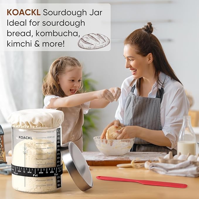 Koackl Sourdough Starter Jar, 40oz Sourdough Starter Kit with Magnetic Bread Lame, Thermometer, Long Scraper, Cloth Cover & Lid for Sourdough Bread Baking Supplies