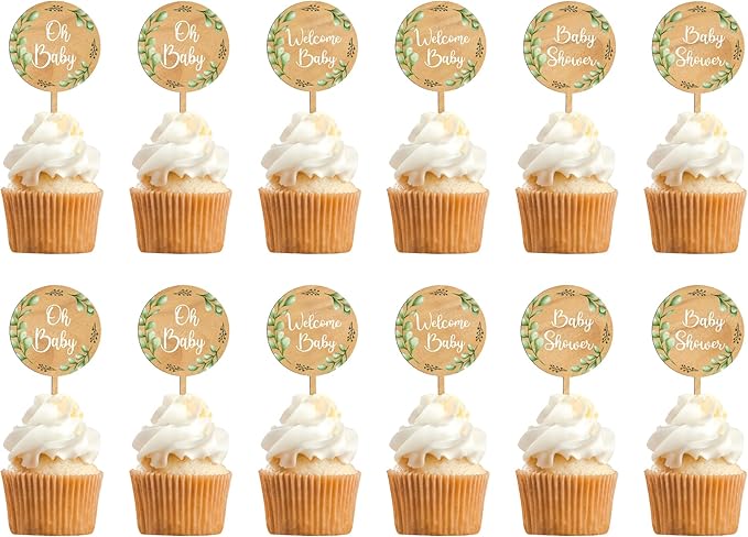 12 PCS Baby Shower Party Cupcake Toppers Oh Baby Cake Cupcake Decorations in Wood (Design A)