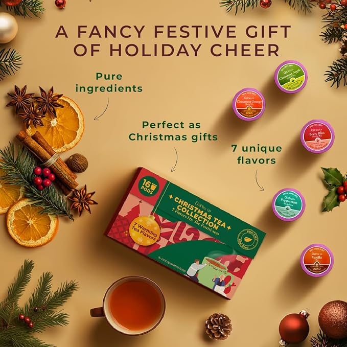 Gya Tea Co Christmas Collection Tea Gift Set (16 ct) - Assorted Tea Pod Variety Pack with 7 Warm Flavors with Vanilla Chai, Peppermint, Berry Bliss, black, Cinnamon apple & Orange