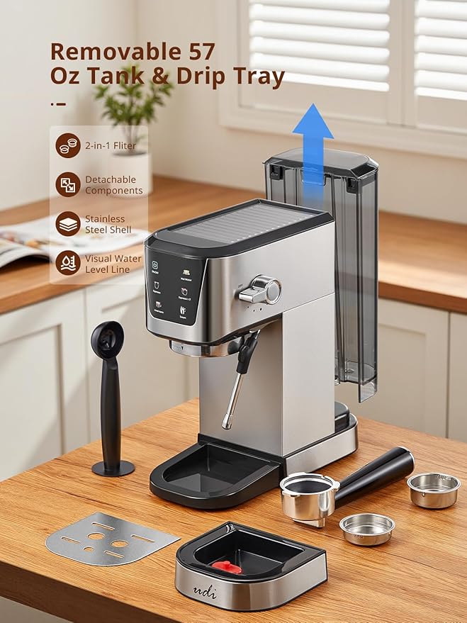UDI Espresso Machines with LED Touch screen, 20 Bar Espresso Coffee machine for Lattes, Cappuccinos, Americano, Compact Cappuccino Latte Machine for Home, Silver