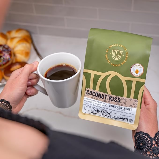 Island Toasted 'Coconut Kiss' Flavored Ground Coffee, 1 LB (16 oz) bag, Medium Roast, 100% Arabica Premium Quality Flavor