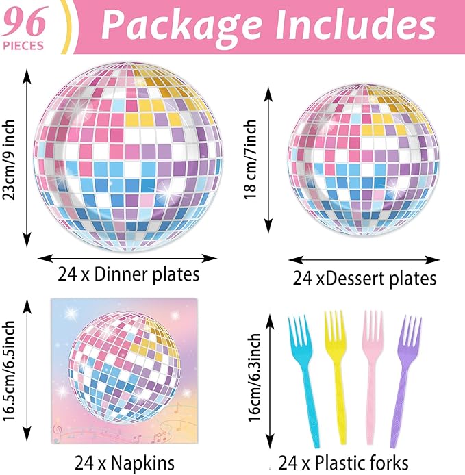 96Pcs Singer Plates and Napkins Disco Ball Party Decorations Colorful Disco Ball Dessert Plates Music Themed Birthday Tableware for 24 Guests Music Lover Birthday Wedding Anniversary Party Supplies