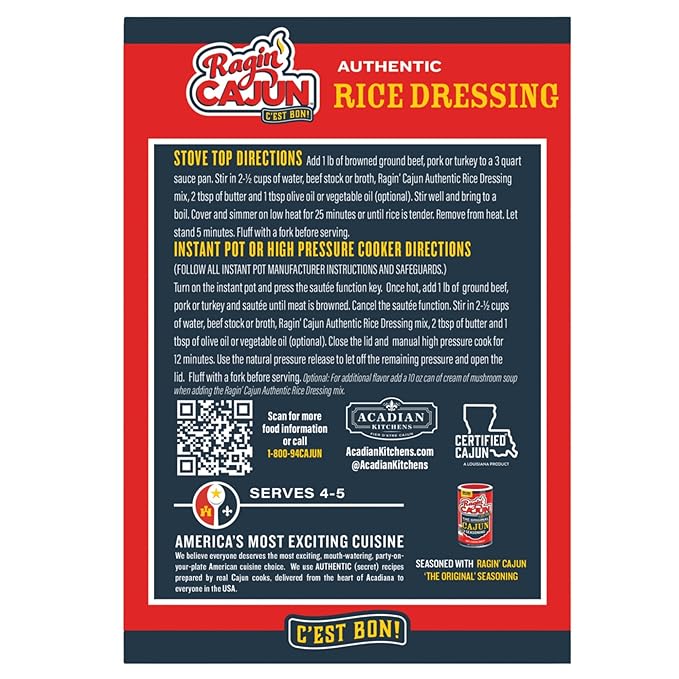 Ragin' Cajun Rice Dressing - 8 oz Box, No MSG, Authentic Louisiana Creole Rice Mix, Perfect for Quick Family Dinners, Ground Beef or Sausage Sides, Easy Cajun Recipe