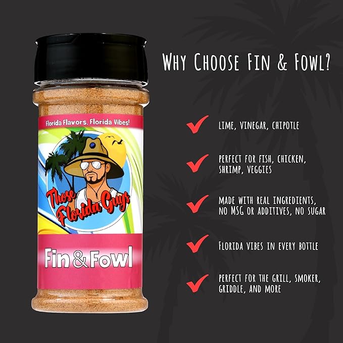 Fin & Fowl Spices & Rubs, 120g - Florida Coastal Blend of Zesty Citrus & Chipotle With Zero Sugar - Perfect sea Salt and Vinegar Seasoning for Chicken, Fish, Duck & More