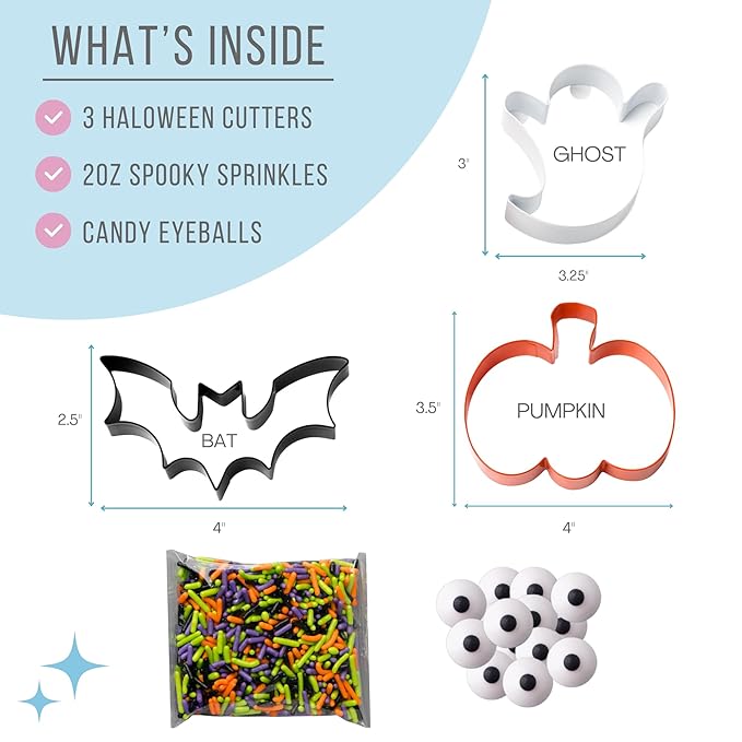 Sweets Indeed Halloween Cookie Cutters with Sprinkle Mix & Candy Eyeballs ??2 oz Sprinkles + 3 Food-Safe Cookie Cutters (Pumpkin, Ghost, Bat) | Halloween Baking & Decorating Kit