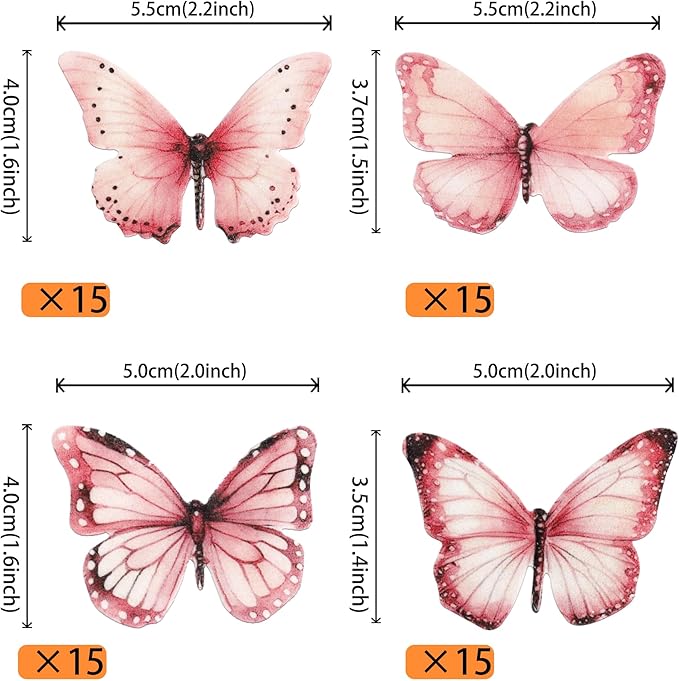 Rsstarxi 60 Pack Edible Butterfly Cake Decorations, Wafer Paper Butterflies Cupcake Toppers for Wedding, Birthday, Anniversary, Baby Shower Party Decorating Supplies - Pink