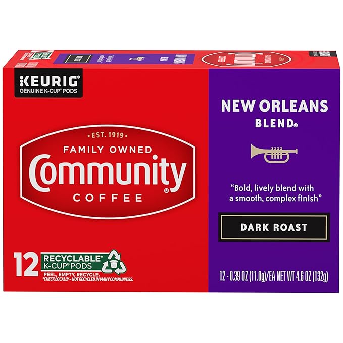 Community Coffee New Orleans Blend 12 Count Coffee Pods, Special Dark Roast, Compatible with Keurig 2.0 K-Cup Brewers, 12 Count (Pack of 1)