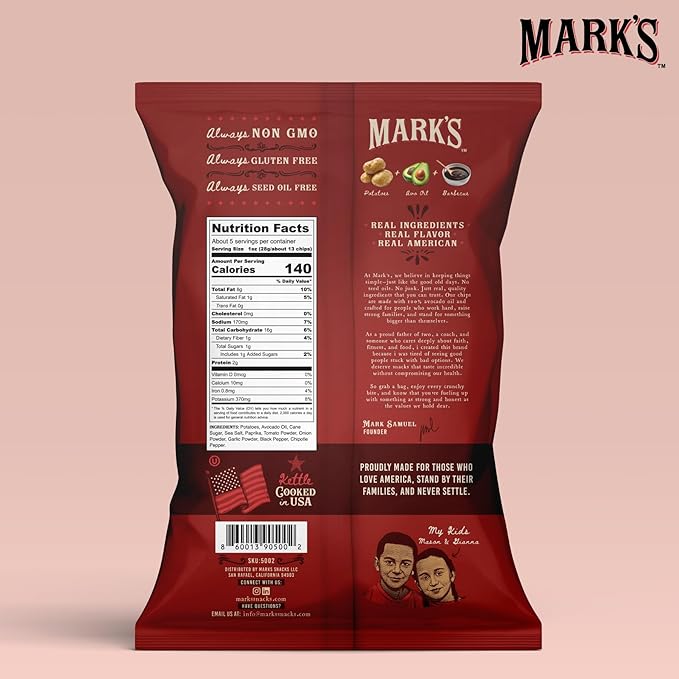 MARK???Kettle Cooked Avocado Oil Potato Chips, BBQ ??Seed Oil & GMO Free | Barbecue, 5 oz (Pack of 3) | Gluten Free, Non-GMO, Chips for Clean & Healthy Snacking