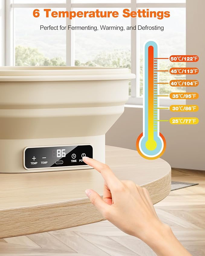 Heating Banneton Bread Proofing Basket, SMOOTHARMOR Electric Silicone Sourdough Starter Kit, 2L Foldable Thermostatic Sourdough Bread Baking Supplies, Timer & 6 Temp Settings, Dishwasher Safe, 7 Tools