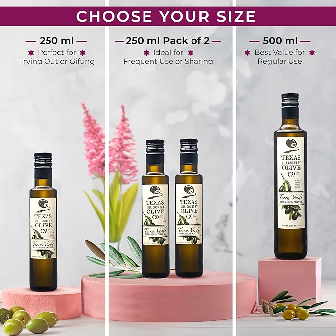 Texas Hill Country Olive Co Terra Verde Extra Virgin Olive Oil - Cold Pressed EVOO Gourmet Olive Oil - Rich & Fruity - Perfect for Finishing & Dressing - Award Winning & Made in Texas (8.5 oz, 2 Pack)