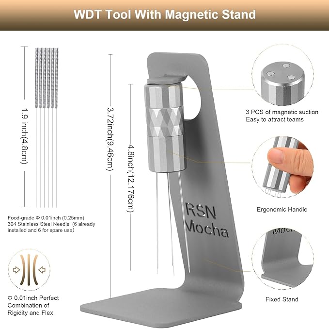 WDT Tool Espresso Distribution Tool,Coffee Distribution Tool with Magnetic Stand, Espresso Accessories with 6 Extra ??.25mm Stainless Steel Needles for Barista (Crystal Silver, ??.25mm)