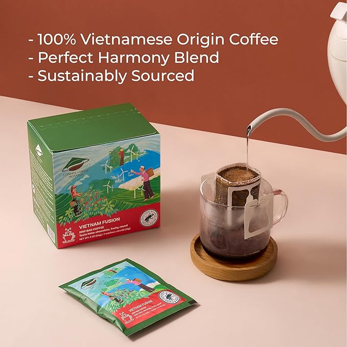 Conihat Drip Coffee Bags - Vietnamese Premium Arabica & Robusta Blend, Medium Roast, Chocolate & Fruity Notes, Smooth & Balanced, Perfect for Office, Traveling & Camping, Single Serve Pour Over Filter Bags, Single Origin, 7 Servings