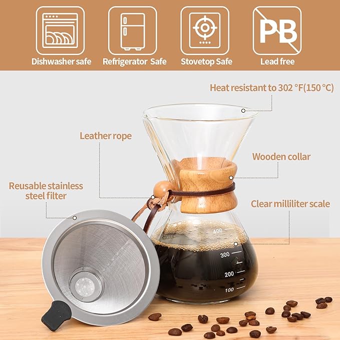 Pour Over Coffee Maker 14 OZ, 4 Cup Borosilicate Glass Drip Coffee Maker with Reusable Stainless Steel Filter and Cork Grip for Home Caf챕 400 ML