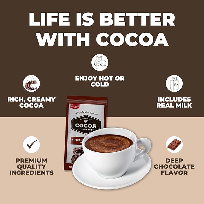 Cocoa Classics Chocolate Supreme Cocoa Mix, Hot Chocolate, Made with Nonfat Milk, Just Add Hot Water, Make Hot or Iced Cocoa, Gluten Free & Kosher Dairy Friendly, 1.25oz Packets (Pack of 36)