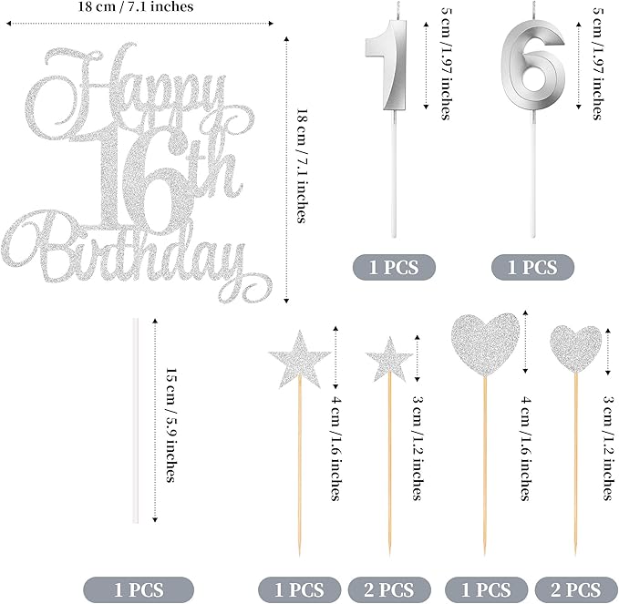 16th Birthday Cake Decorations, 16th Birthday Candles Cake Numeral Candles and Glitter Happy 16th Birthday Cake Toppers Set for Birthday Party Supplies (Silver)