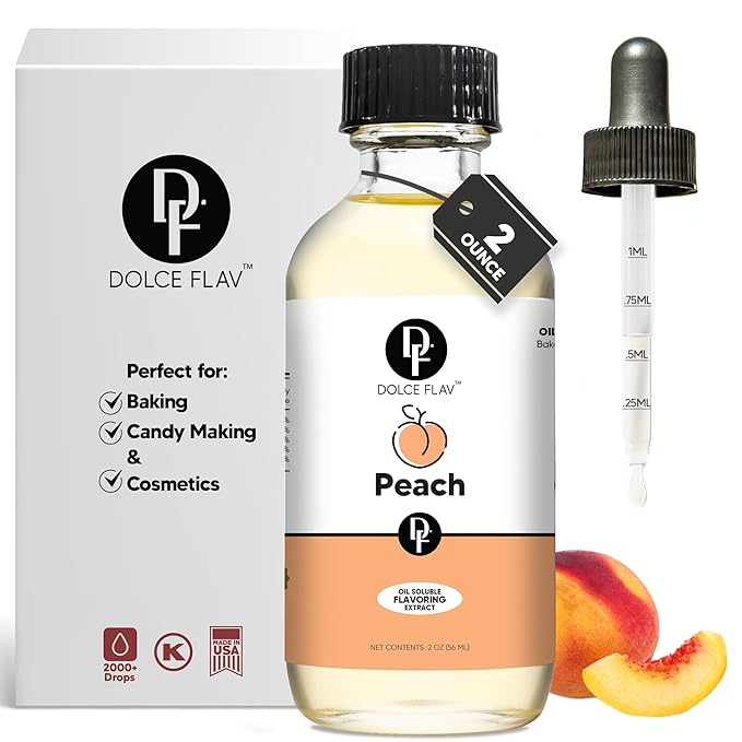 Dolce Flav Peach Extract ??2 Ounce Oil-Soluble Kosher, Sugar-Free, Concentrated Juicy Peach Flavoring for Baking, Chocolates & Desserts, Includes Measured Dropper