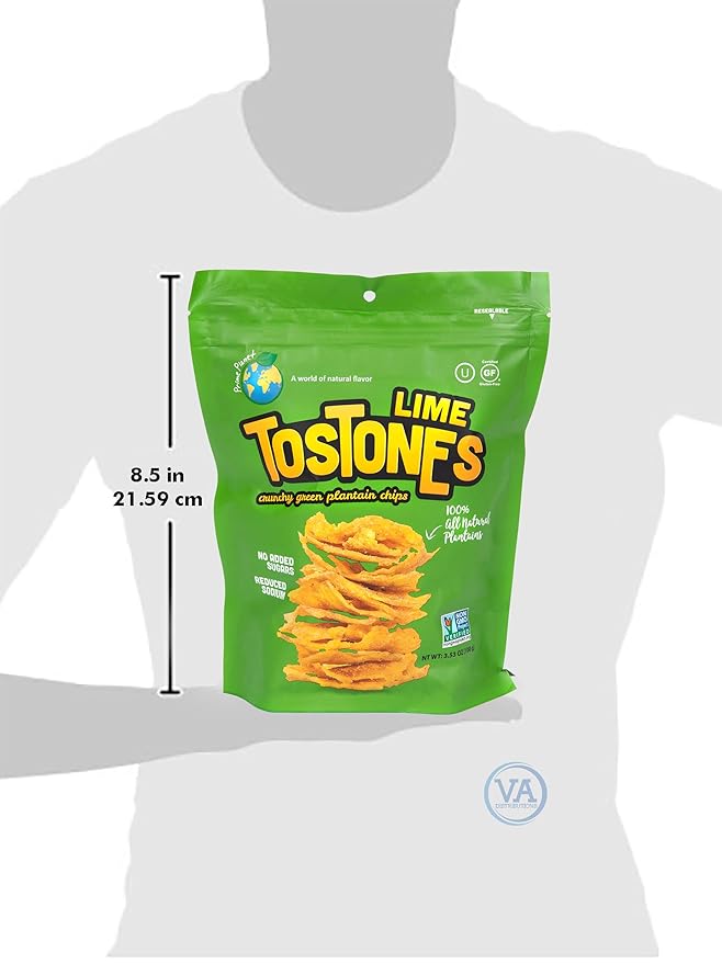 TOSTONES, Green Plantains, Re-Sealable Bag, Crunchy chips, Plantains, Palm Oil and Salt, 3.53 Oz per Unit, LIME Flavored, 3 Pack,
