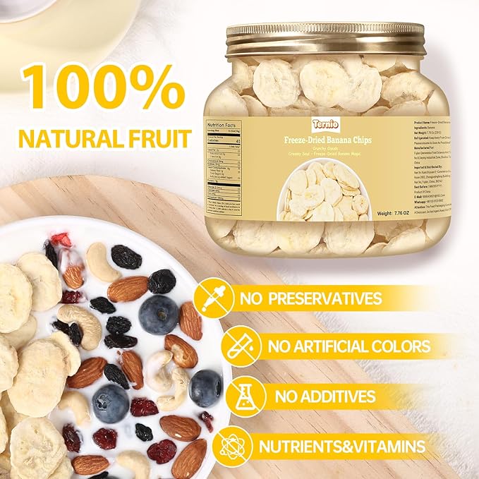 Ternio Premium Freeze Dried Bananas - 7.76 oz / 220 g - 100% Natural, No Preservatives, Low Calorie Snack - A Sweet and Crunchy Snack for Adults and Kids
