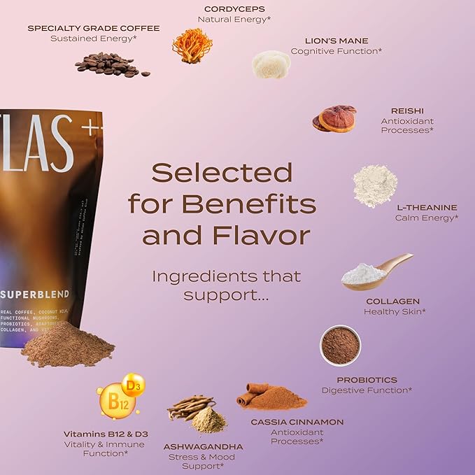 Atlas+ Latte Superblend??Instant Mushroom Coffee with Lion?™s Mane, Reishi, Cordyceps, Ashwagandha, Probiotics, Vitamin D3 & B12, Coconut??for Energy, Focus, Immunity & Gut Health??40 Servings (2 bags)