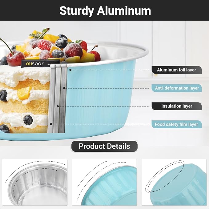 EUSOAR Take Out Containers with Lids, 100pcs 9oz Blue Cup Cake, Disposable Cake Containers Ramekins with Lids Bakery Cheesecakes Muffins Pie Round Wrappers for Wedding Birthday Theme Party