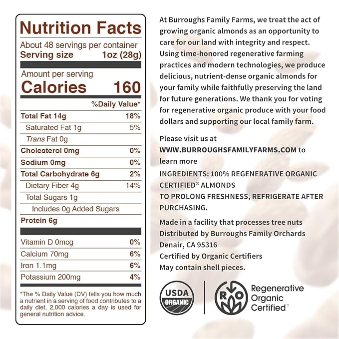 Burroughs Family Farms 3 lb USDA Organic Raw Almonds – First Regenerative Organic Certified Farm – Gluten-Free, Non-GMO, Vegan, Paleo & Keto-Friendly Almond Nuts – High in Protein & Nutrients Versus Other Nuts, Great for Almond Milk