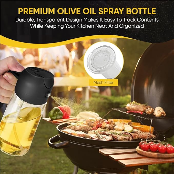 2-in-1 Olive Oil Dispenser Bottle, Spray and Pour, Multi-Use Kitchen Gadget, Food-Grade, Salad Dressing, Air Fryer, Healthy, BBQ, Barbecue (Black)