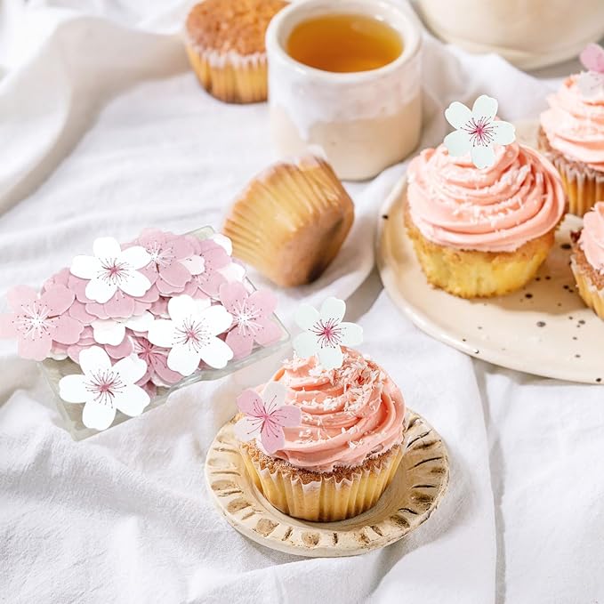 60pcs Edible Flowers Cake Decorations ??Edible Flowers Cherry Blossoms Cake Topper Cupcake Toppers Decorations Wafer Paper, Flower Cupcake Toppers for Wedding Birthday Party