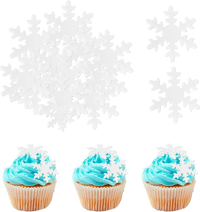 Rsstarxi 50 Pack Edible Snowflake Cupcake Toppers - White Snowflakes Cake Decorations for Winter Frozen Theme Baby Shower Birthday Party