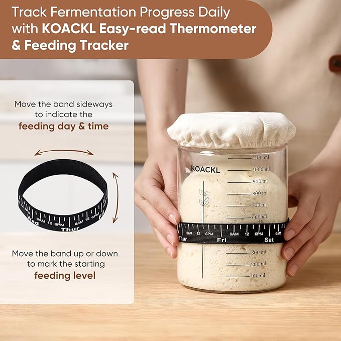 Koackl Sourdough Starter Jar, 40oz Sourdough Starter Kit with Magnetic Bread Lame, Thermometer, Long Scraper, Cloth Cover & Lid for Sourdough Bread Baking Supplies