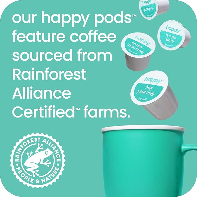happy coffee light roast coffee pods, 60 count, notes of toasted biscotti and levity, compatible with most K-cup brewers, rainforest alliance certified