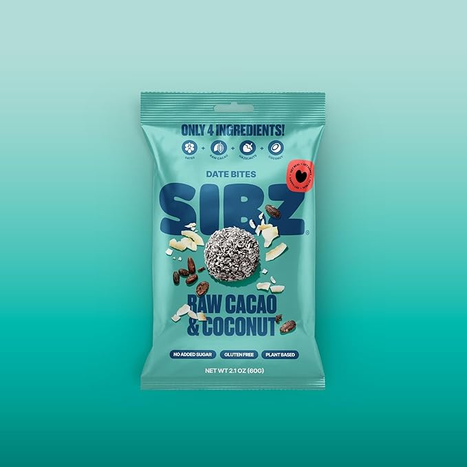 SIBZ Date Bites Raw Cacao & Coconut - All Natural, Gluten Free, Non GMO, Plant Based, No Added Sugar (2.1oz, Pack of 8)